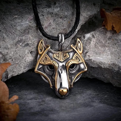 Vista 2 de HFUHLK Collar de cabeza de lobo vikingo, colgante de fenrir nórdico talismán escandinavo, joyería de acero inoxidable para hombre con cadena de 22