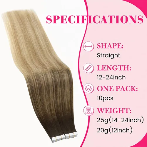 Vista 4 de Ve Sunny Extensiones de cabello humano real con cinta, cabello humano Remy, lacio, doble cara, color marrón oscuro, balayage, rubio dorado oscuro