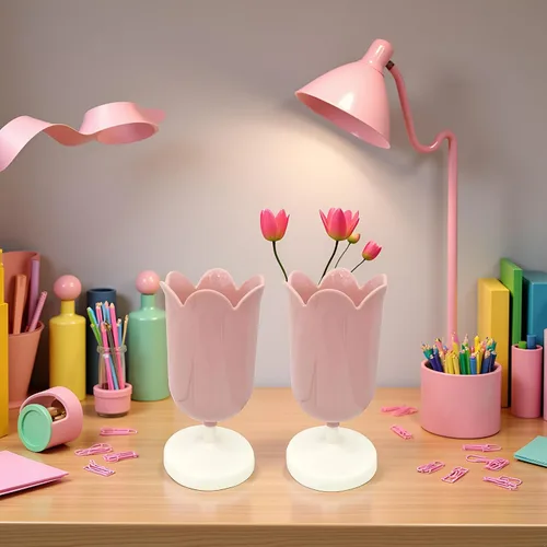 Vista 2 de 2 soportes de plástico rosa para bolígrafos de tulipán, bonitos vasos para escritorio, organizador de pinceles, suministros de papelería de oficina