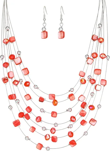 Vista 8 de Collar de cuentas de concha bohemia de varias capas para mujer, hebra de cristal colorida con cuentas plateadas, collares y aretes, disfraces