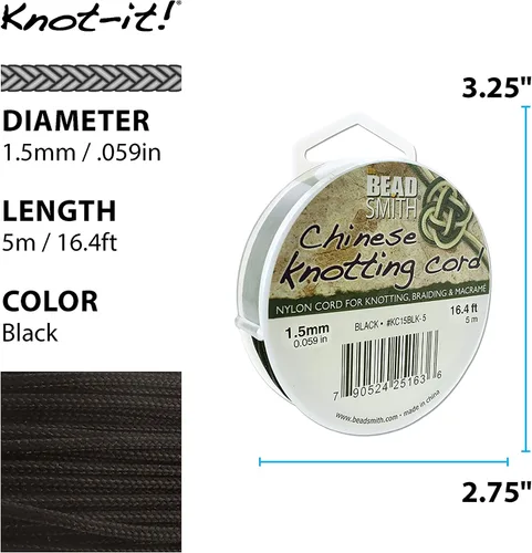 Vista 3 de The Beadsmith Knot-it - Cordón de nailon chino, color negro, 0.059 in de diámetro, carrete de 16.4 ft