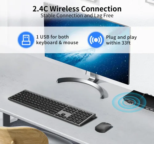 Vista 2 de Teclado y mouse inalámbricos, teclado de computadora plano delgado de tamaño completo y mouse óptico silencioso de 2400 DPI con dongle de 2.4 GHz
