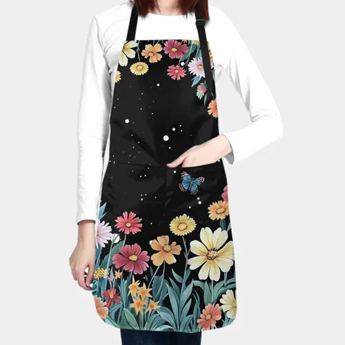 Vista 7 de Kawani Delantal adulto con bolsillos, delantal de cocina de chef Negro Floral