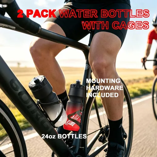 Vista 4 de 750ml Bike Water Bottle with Holder Combo 2 Pack Dishwasher Safe 2 Black/white+ 2 Cage