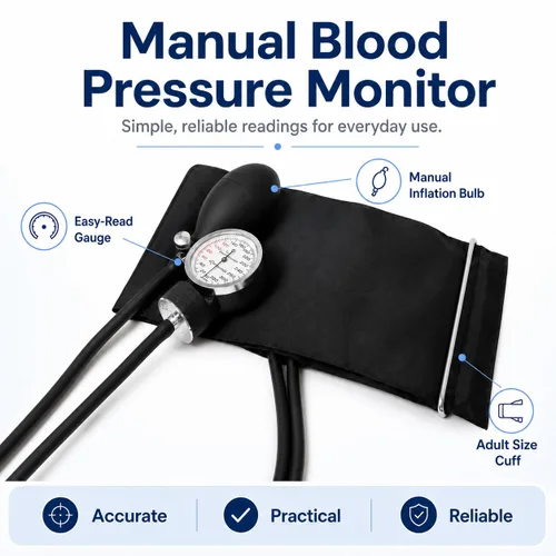 Vista 4 de NOVAMEDIC Brazalete para presión arterial de tamaño adulto auto-tomable negro, kit de esfigmomanómetro aneroide, estetoscopio - máquina profesional