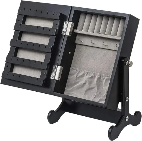 Vista 4 de Trlec Organizador de gabinete de joyería de espejo pequeño, caja de almacenamiento con soporte negro para colocar en mesa auxiliar, escritorio