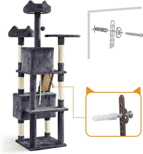 Vista 9 de Topeakmart Árbol de gato de 72 pulgadas para gatos de interior, torre de escalada de varios niveles con postes rascadores, 3 perchas, centro