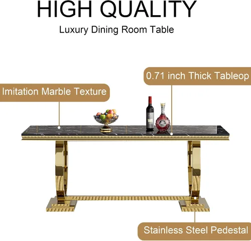 Vista 4 de Juego de mesa de comedor de mármol de 68.11 pulgadas para 4, moderna mesa de comedor de mármol sintético con 4 sillas de comedor de terciopelo