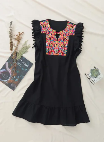 Vista 5 de KYLASIEN Vestido de verano casual bohemio con cuello en V para mujer, bordado floral, con volantes, hombros y volantes, estilo bohemio