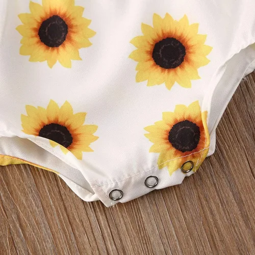 Vista 5 de Bebé Niña Ropa De Hombro Fuera De Girasol De La Piña De Impresión Mameluco Mono De Borla Diadema De Sunsuit Conjunto