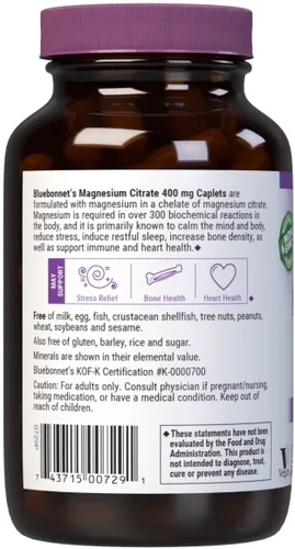 Vista 3 de Bluebonnet Nutrition Citrato de Magnesio (400 mg de Magnesio) - Máxima Absorción - Apoya la Salud Inmunológica y la Producción de Energía - Sin