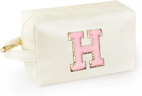 Vista 19 de Bolsa de maquillaje personalizada con inicial con asa, bolsa de cosméticos de preparación con bolsillo interior con cremallera, 8, 9, 10, 11, 12 Rosa