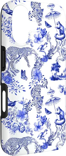 Vista 3 de French Blue Toile Chinoiserie with Flowers, Monkey, Leopards Case for iPhone 17