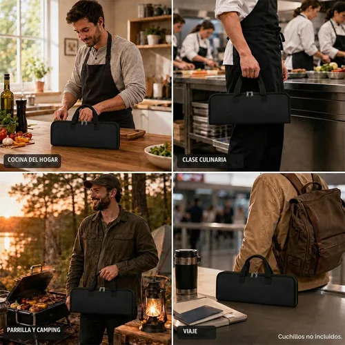 Vista 6 de Rollo de cuchillos, bolsa resistente para cuchillos, estuche de lona encerada con 4 ranuras para cuchillos y herramientas de cocina, bolsa