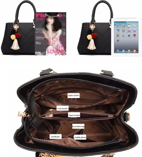 Vista 4 de Bolso de mano de cuero para mujer, bolso de hombro con asa superior, con pompón y borla
