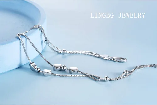 Vista 4 de LINGBG JEWELRY Pulseras en capas de plata de ley 925, pulseras de amor con corazón, pulseras de estrella para mujer, pulseras de doble hebra