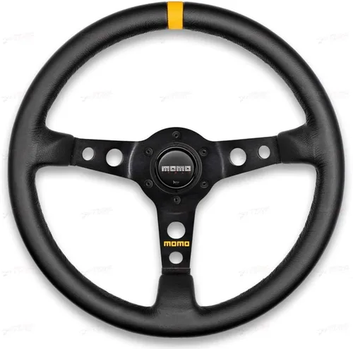 Vista 4 de MOMO Motorsport MOD.69 - Volante de carreras de gamuza – 13.780 in, plato de 1.535 in de profundidad, bocina amarilla, marco de aluminio de 3 radios