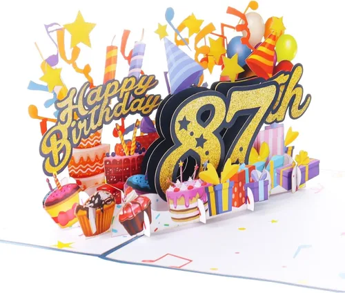 Vista 4 de iGifts And Cards Tarjeta desplegable 3D de feliz cumpleaños 87 – Diseño azul con números de purpurina, globos, pasteles y regalos – Tarjeta
