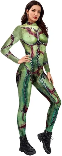 Vista 34 de Sister Amy Disfraz de esqueleto de calavera para mujer de Halloween, traje ajustado de una pieza J-colorido esqueleto
