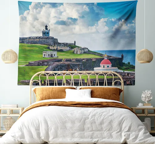Vista 5 de Lunarable Tapiz de Puerto Rico, histórico Fort San Felipe del Morro, paisaje de América Central y Caribe, decoración de tela para colgar en la pared
