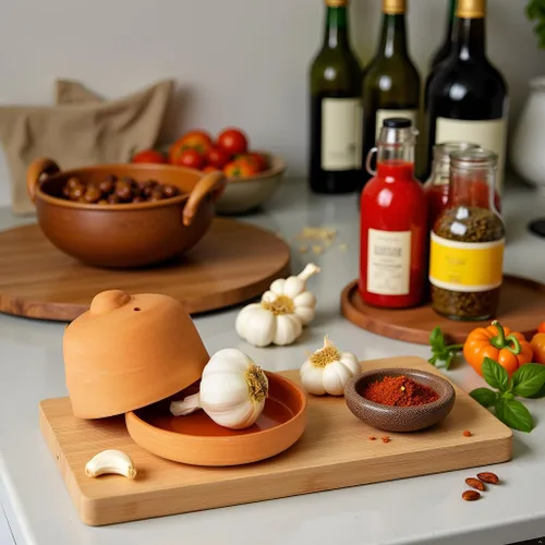 Vista 8 de Eurita Terra Cotta - Asador de ajo con tapa y ventilación de vapor, horneador de ajo de arcilla natural para horno o microondas, plato para asar ajo