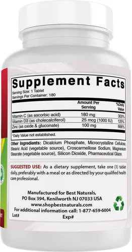 Vista 6 de Best Naturals Zinc 100 mg con vitamina C y D3 180 comprimidos sin gluten y sin OMG