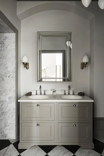 Vista 5 de Espejo de baño con marco de madera con cuentas Metro de 24 x 36 pulgadas, espejo de pared decorativo grande con marco biselado en ángulo para sala