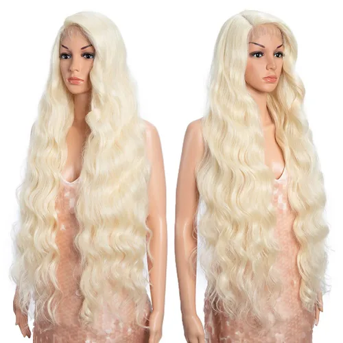 Vista 3 de Style Icon Pelucas de encaje frontal de 36 pulgadas, peluca ondulada súper larga, color blanco dorado con abuelitos, densidad del 130 %, peluca 613