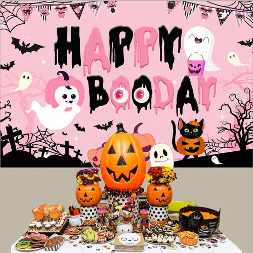 Vista 3 de Decoraciones de fiesta de feliz boo, decoraciones de fiesta de cumpleaños de Halloween rosa y negro, pancarta de fondo de feliz día de abucheo