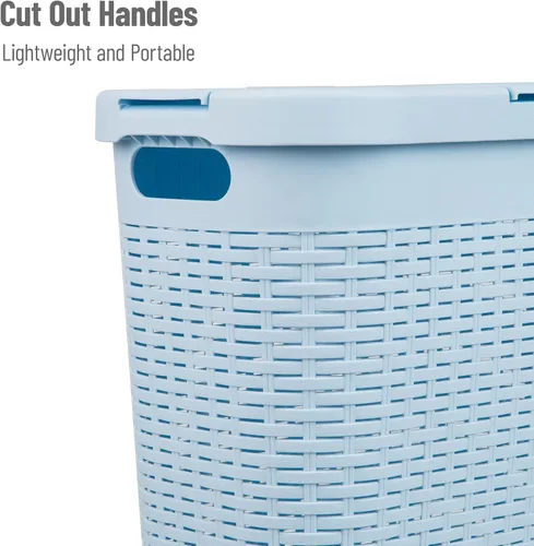 Vista 4 de Mind Reader Cesta de lavandería delgada con tapa, cesta de ropa de 40 L, diseño de mimbre premium, plástico, azul bebé