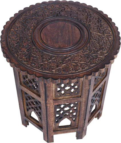 Vista 21 de Mesa auxiliar de madera de mango tallada a mano – Mesa auxiliar redonda de pedestal de 18 x 22 pulgadas para sala de estar, mesita de noche