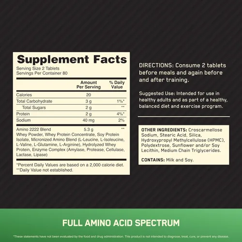 Vista 2 de Optimum Nutrition Superior Amino 2222 Tablets, Complete EAAs, 160 Ct
