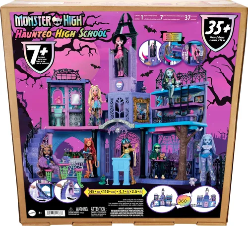 Vista 6 de Monster High Casa de muñecas, juego de escuela secundaria embrujada con 7 áreas de juego y más de 35 piezas de narración de historias, incluyendo