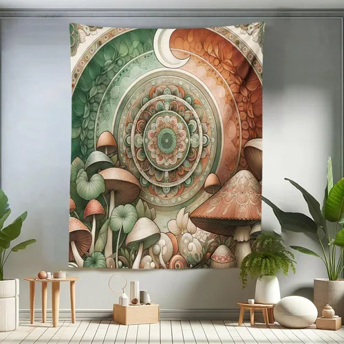 Vista 158 de Ambesonne Tapiz hippie, abrazo de hongos de ensueño y árbol de la vida místico y mandal verde, decoración de tela para colgar en la pared