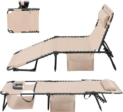 Vista 11 de Greesum Chaise Lounge Silla de bronceado plegable con respaldo ajustable de 5 posiciones, almohada desmontable y bolsillo exterior para piscina Negro