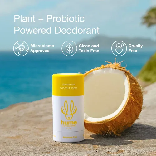 Vista 3 de Hume Supernatural Coconut Coast - Desodorante sin aluminio para mujeres y hombres, seguro para pieles sensibles, probióticos, a base de plantas, sin