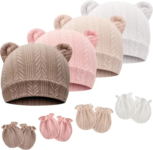 Vista 15 de Conjunto de gorro y mitones para recién nacidos con orejas de oso, gorro para bebé, gorro de hospital para bebé niño o niña, de 0 a 3 meses 4