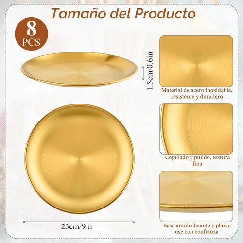 Vista 2 de 8 bandejas redondas doradas de 9 pulgadas, bandejas de postre de acero inoxidable, bandeja de barra para encimera, bandejas de perfume para tocador
