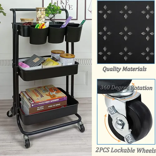 Vista 5 de Estante organizador de almacenamiento de 3 niveles con 3 tazas colgantes, 8 ganchos, 2 cajas de almacenamiento para el hogar, oficina, cocina, baño