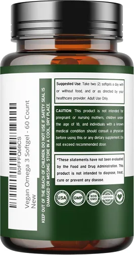 Vista 3 de Aceite de algas vegano Omega 3 (60 cápsulas blandas) DHA EPA a base de plantas, de origen sostenible, sin carragenina, sin OMG, salud del corazón