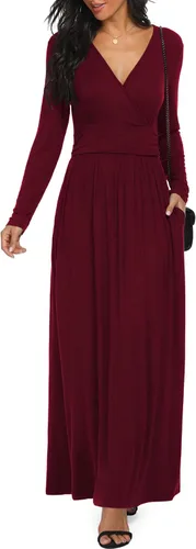 Vista 33 de LILBETTER - Vestido largo de manga larga, cuello en V profundo, holgado, liso y casual para mujer Verde militar