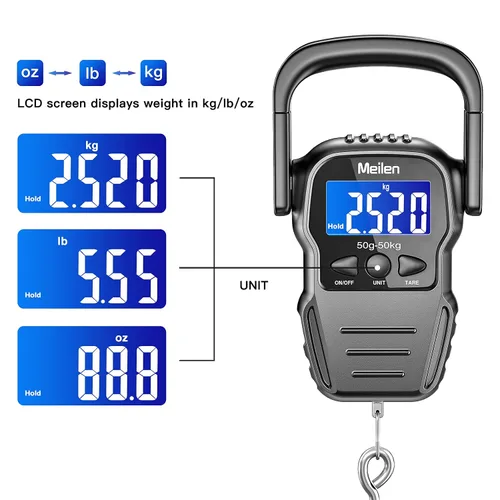 Vista 4 de Escala de peces báscula de equipaje de 110 libras1102lbs con pantalla LCD retroiluminada báscula de pesca digital con cinta métrica báscula portátil