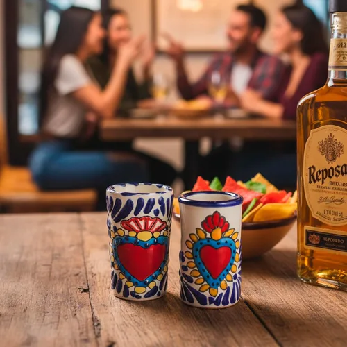 Vista 3 de Juego de 4 vasos de chupito Talavera auténticos mexicanos para tequila - Pintados a mano - 2 Oz (Corazón Azul)