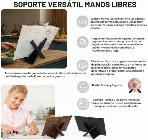 Vista 4 de Soporte rústico negro para libros de cocina, soporte para libro de recetas para encimera de cocina, soporte de libro de cocina de madera, soporte