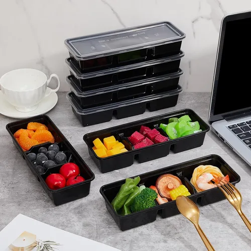 Vista 5 de Hushee Paquete de 5 recipientes pequeños de 17 onzas con 3 compartimentos para aperitivos con tapa, caja Bento de plástico desechable, cajas de Negro