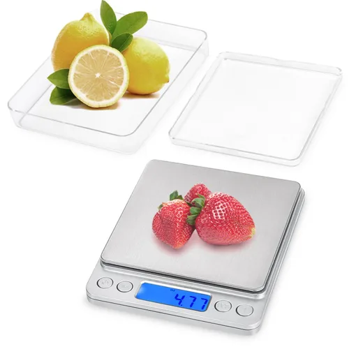 Vista 5 de Báscula digital de cocina, 17.64 oz/0.00 oz, báscula de joyería de bolsillo con pantalla LCD retroiluminada, 2 bandejas, 6 unidades, función de tara