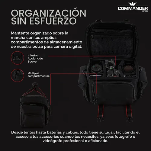 Vista 3 de COMMANDER OPTICS Bolsa grande para cámara, resistente al agua, acolchado suave, espaciosa bolsa de viaje para cámaras Canon EOS, Nikon, Sony y más