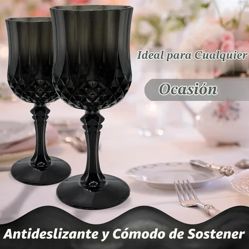 Vista 4 de 24 piezas de copas de vino de plástico negro, copas de vino de plástico reutilizables, copa negra tipo cáliz, vasos duraderos y resistentes que se