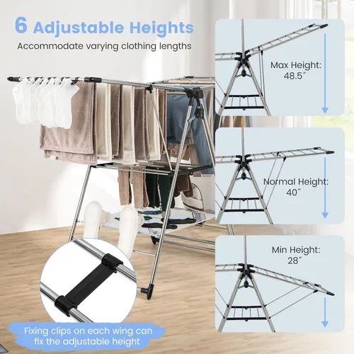 Vista 4 de Giantex Estante de secado de ropa, estante de secado de ropa plegable con altura ajustable de 6 niveles, diseño de colgador alto, clips laterales