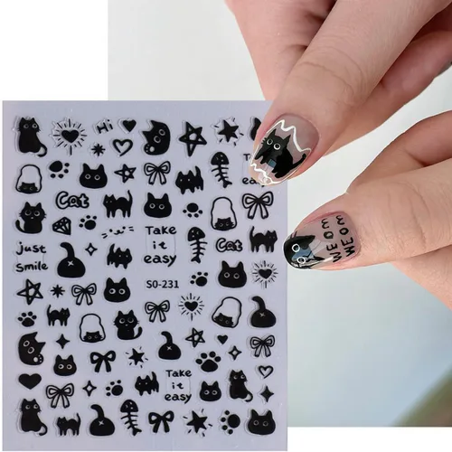 Vista 6 de Calcomanías de uñas de gato, 8 hojas de calcomanías autoadhesivas 3D con diseño de gato dorado, plateado, negro, blanco, para niños, niñas, mujeres